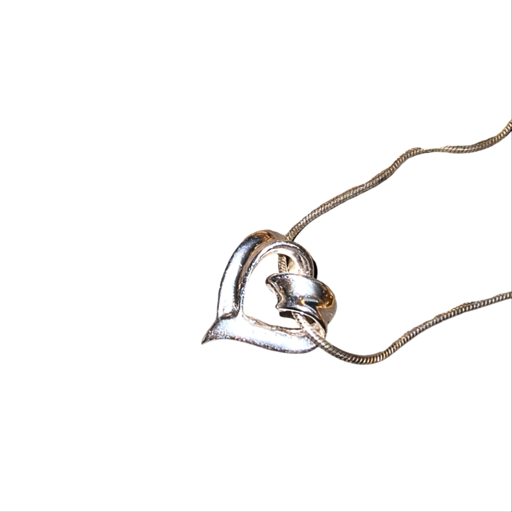 Vintage Sterling Silver Ribbon Heart Pendant Necklace
